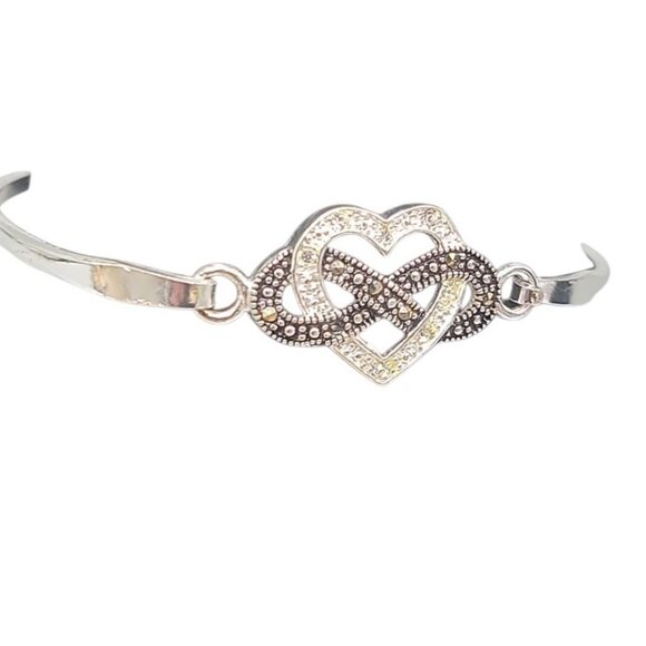 Sterling Silver Cubic Zirconia & Marcasite Heart Infinity Bracelet Tension Hook - Picture 15 of 15